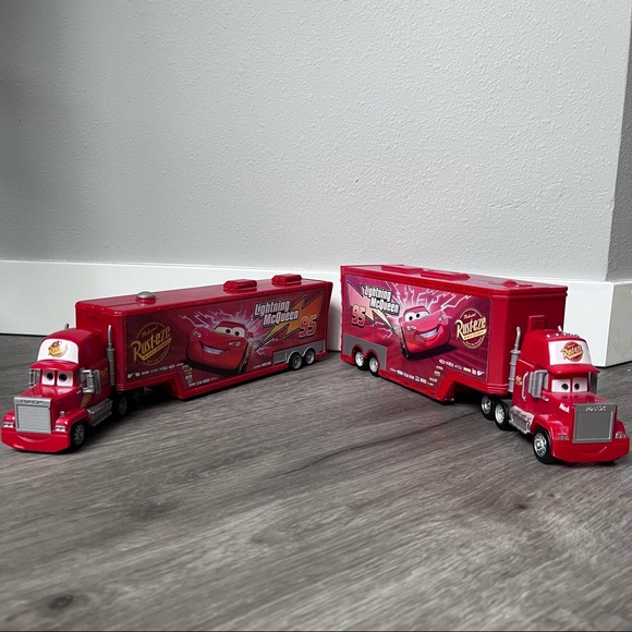 Lot of 2 Disney Pixar Cars Mack Hauler, Movie Playset, Toy Truck and Transporter